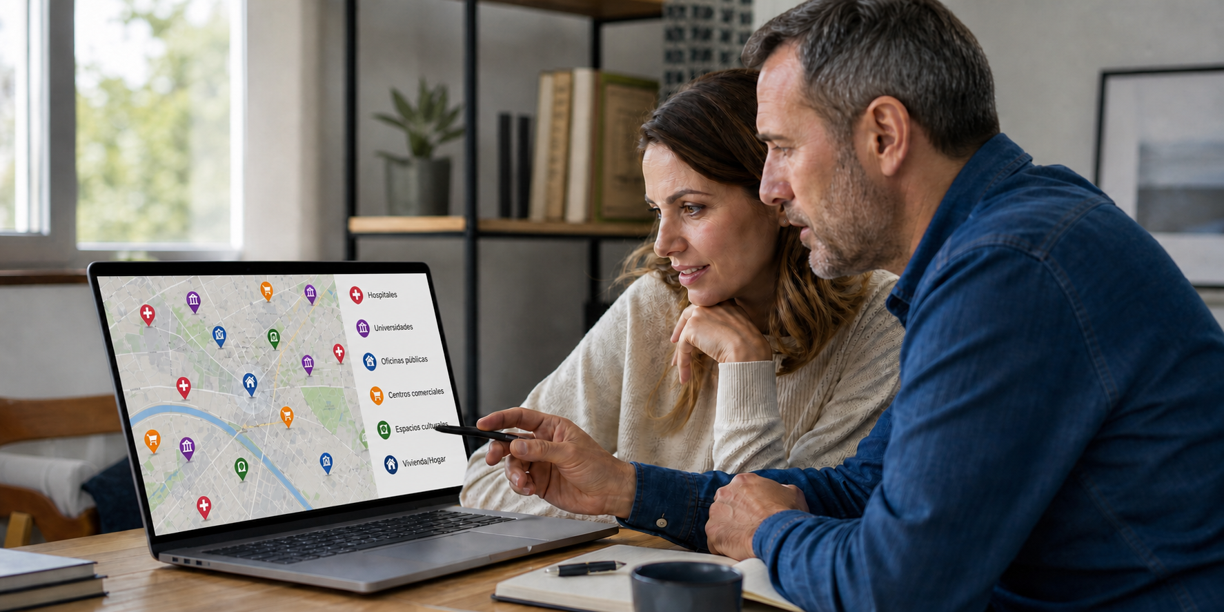 Una pareja sentada frente a una computadora portátil, explorando Google Maps para conocer los servicios y puntos de interés cercanos a una zona residencial.