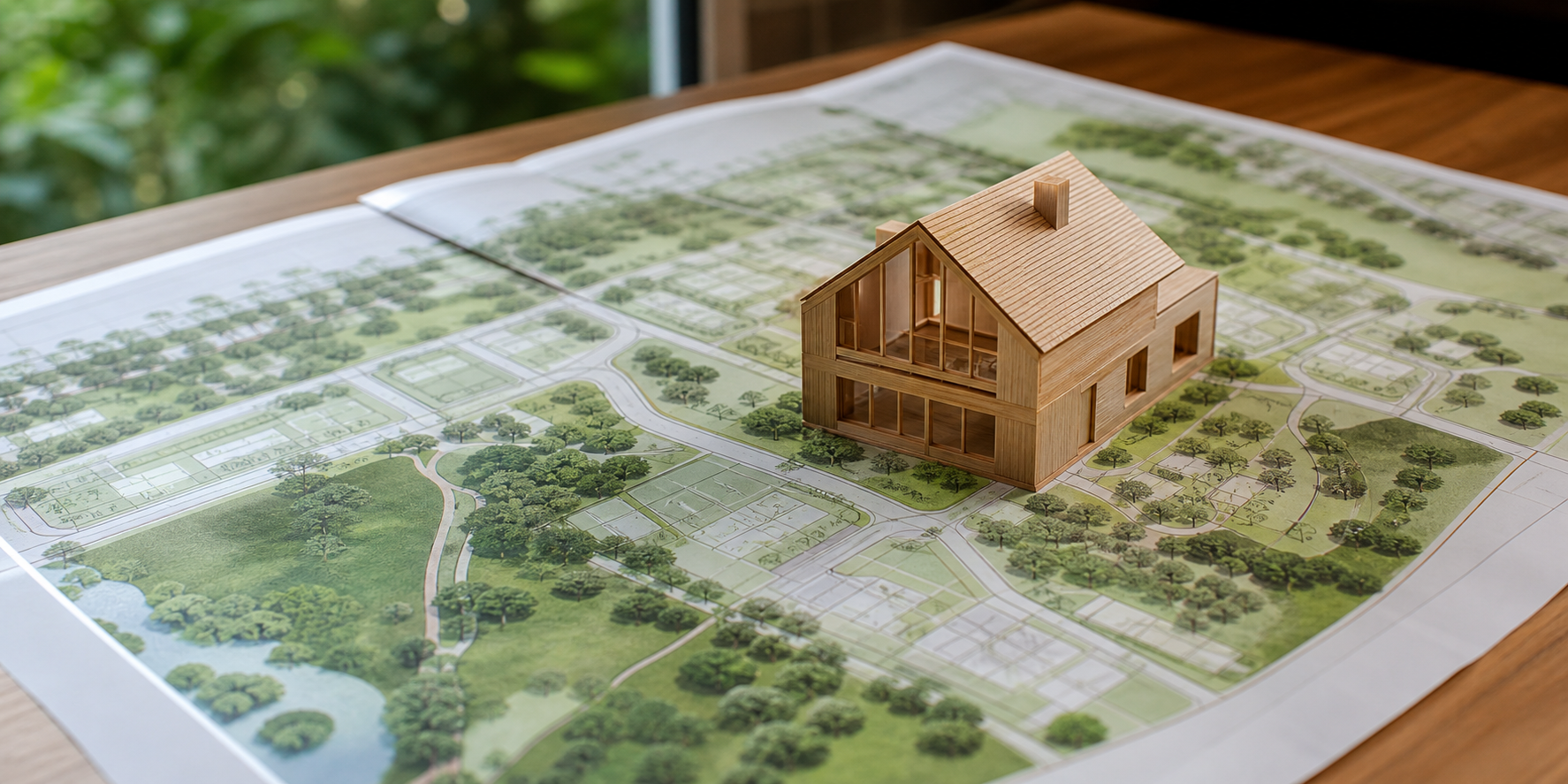 Una pequeña casa de madera representada como maqueta arquitectónica sobre un gran mapa desplegado encima de una mesa. La casa está rodeada visualmente por abundantes áreas verdes.