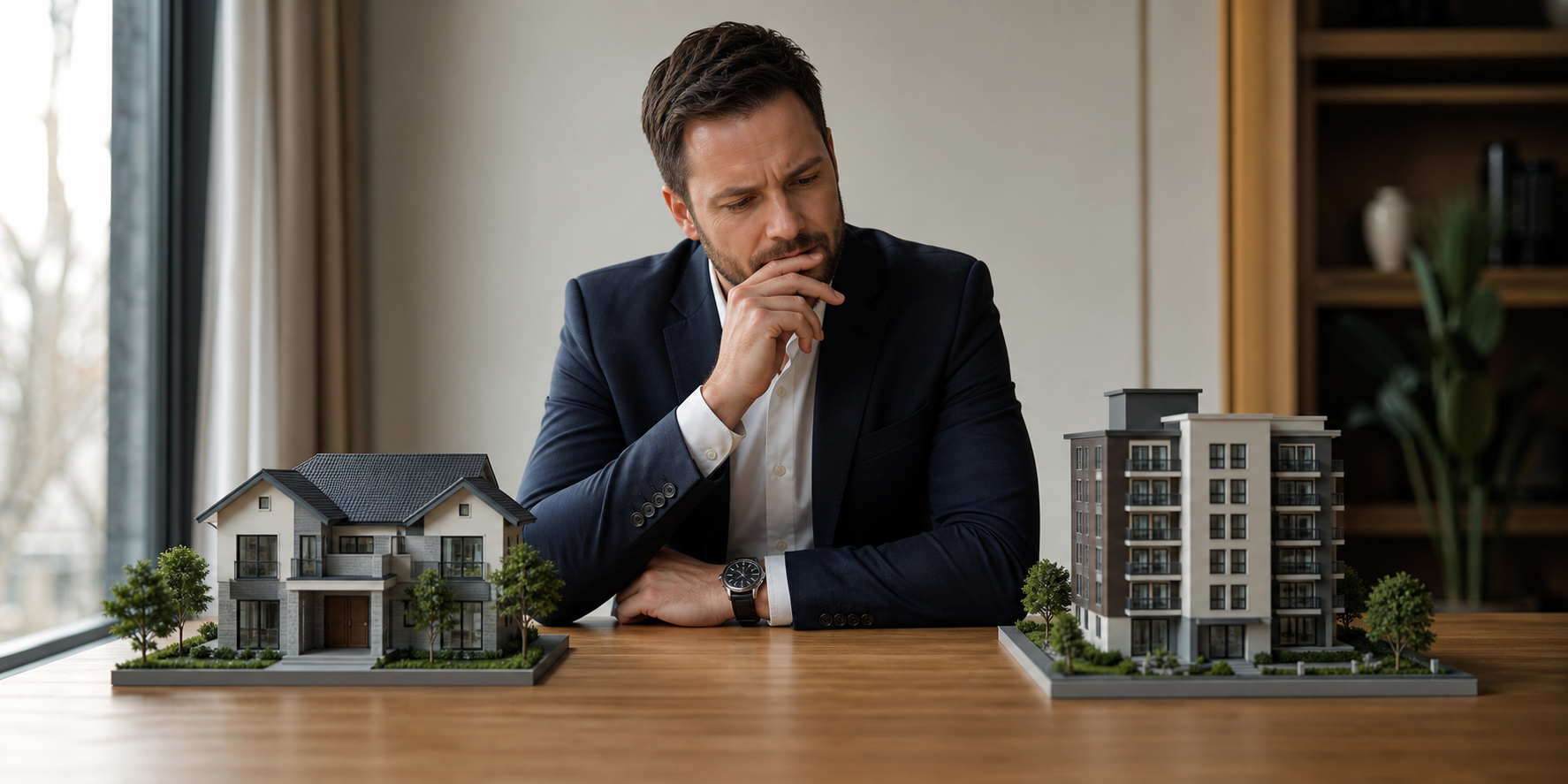 Hombre pensando seriamente frente a una decisión inmobiliaria, elegir una casa o un departamento. Sobre la mesa hay una maqueta de una casa y de un edificio de departamentos.