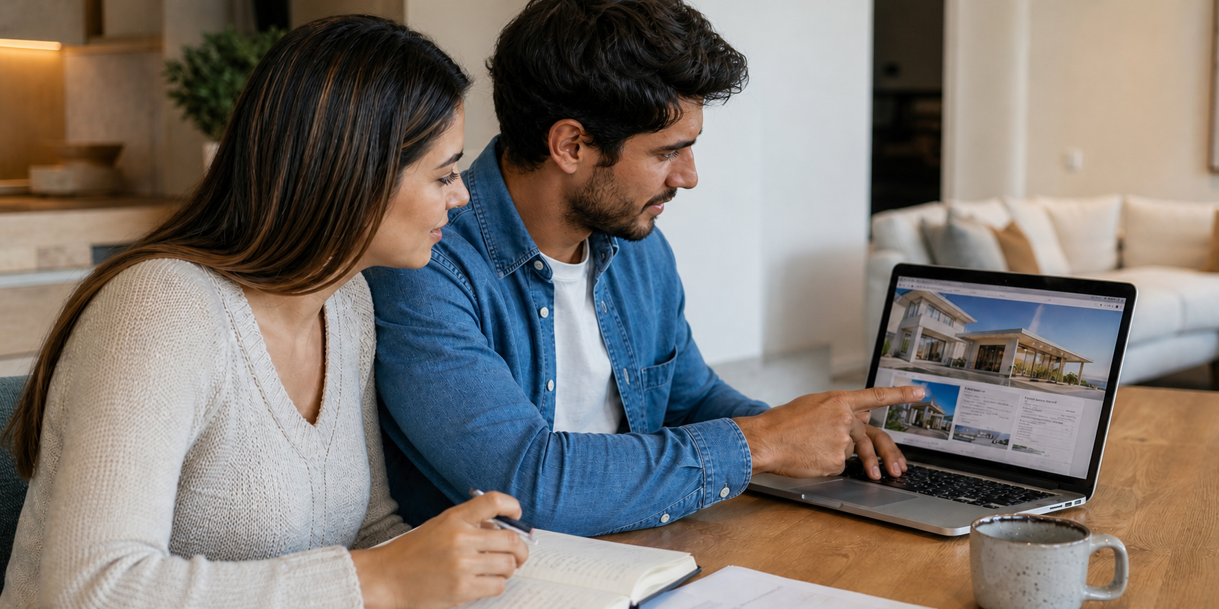 Pareja sentada frente a una computadora, revisando cuidadosamente la información de una desarrolladora inmobiliaria.