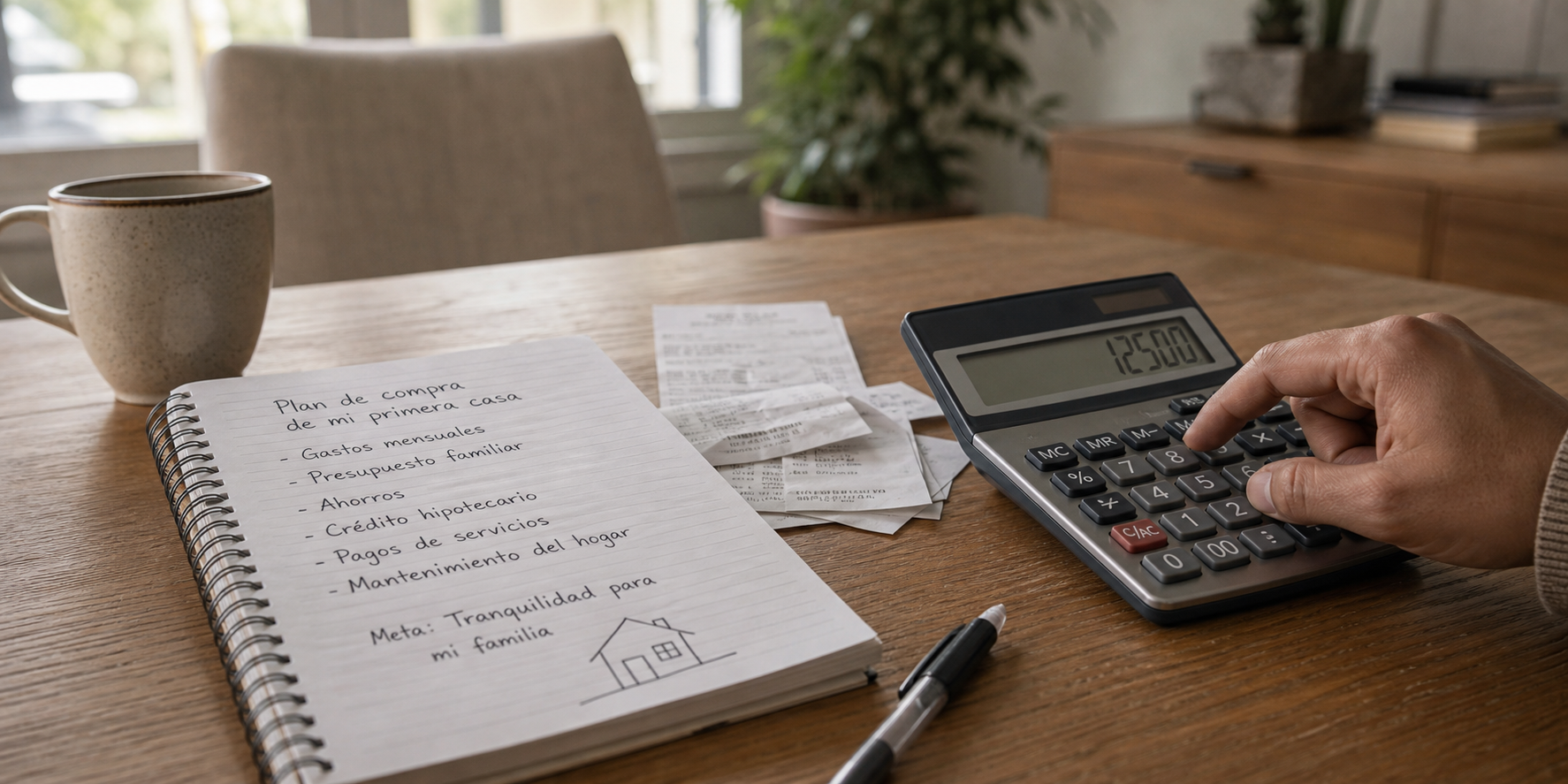 Mano utilizando una calculadora sobre un escritorio mientras hace cuentas para comprar su primera casa. 