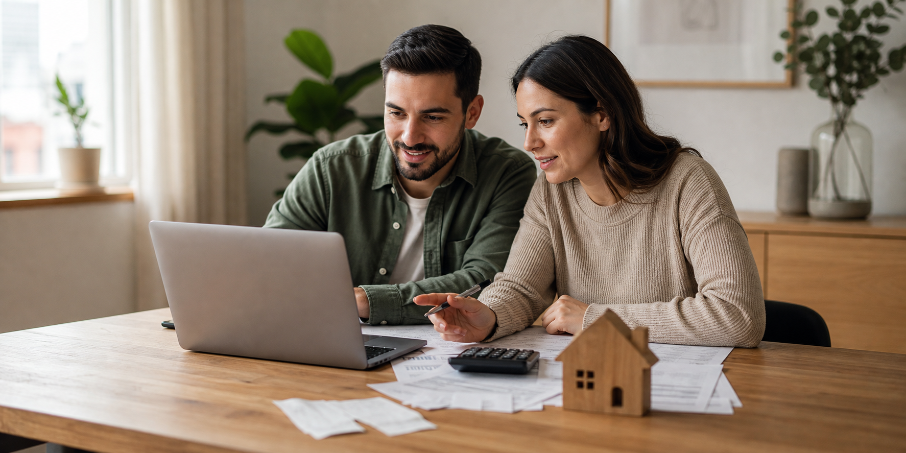 Una pareja sentada frente a una mesa de madera, revisando cuidadosamente sus finanzas personales. Sobre la mesa hay una computadora portátil.Couple Reviewing Finances in Modern Living Room