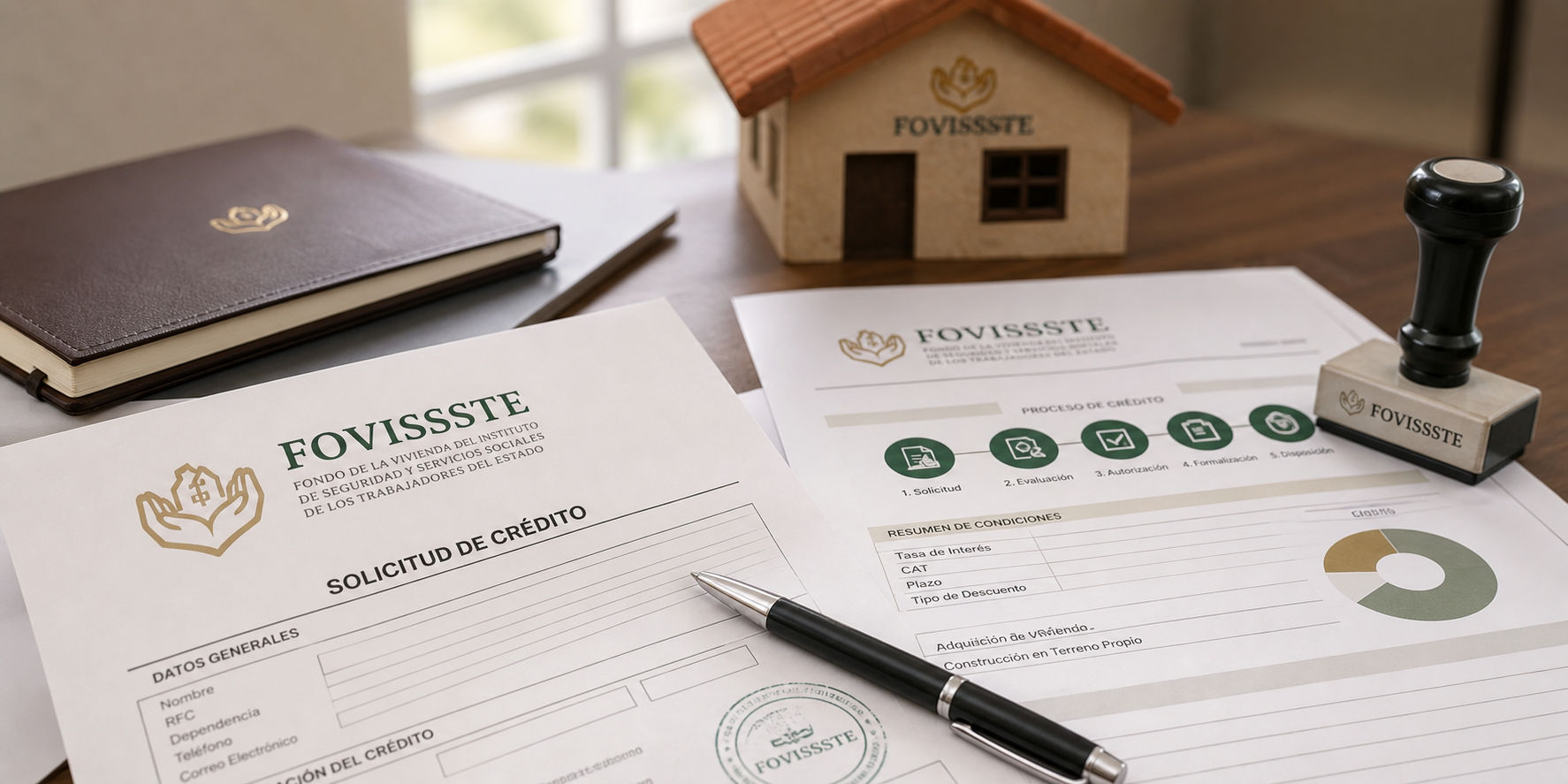 Primer plano fotográfico y realista de documentos de crédito hipotecario de FOVISSSTE sobre una superficie de escritorio, con textos y elementos gráficos relacionados con un trámite de vivienda.
