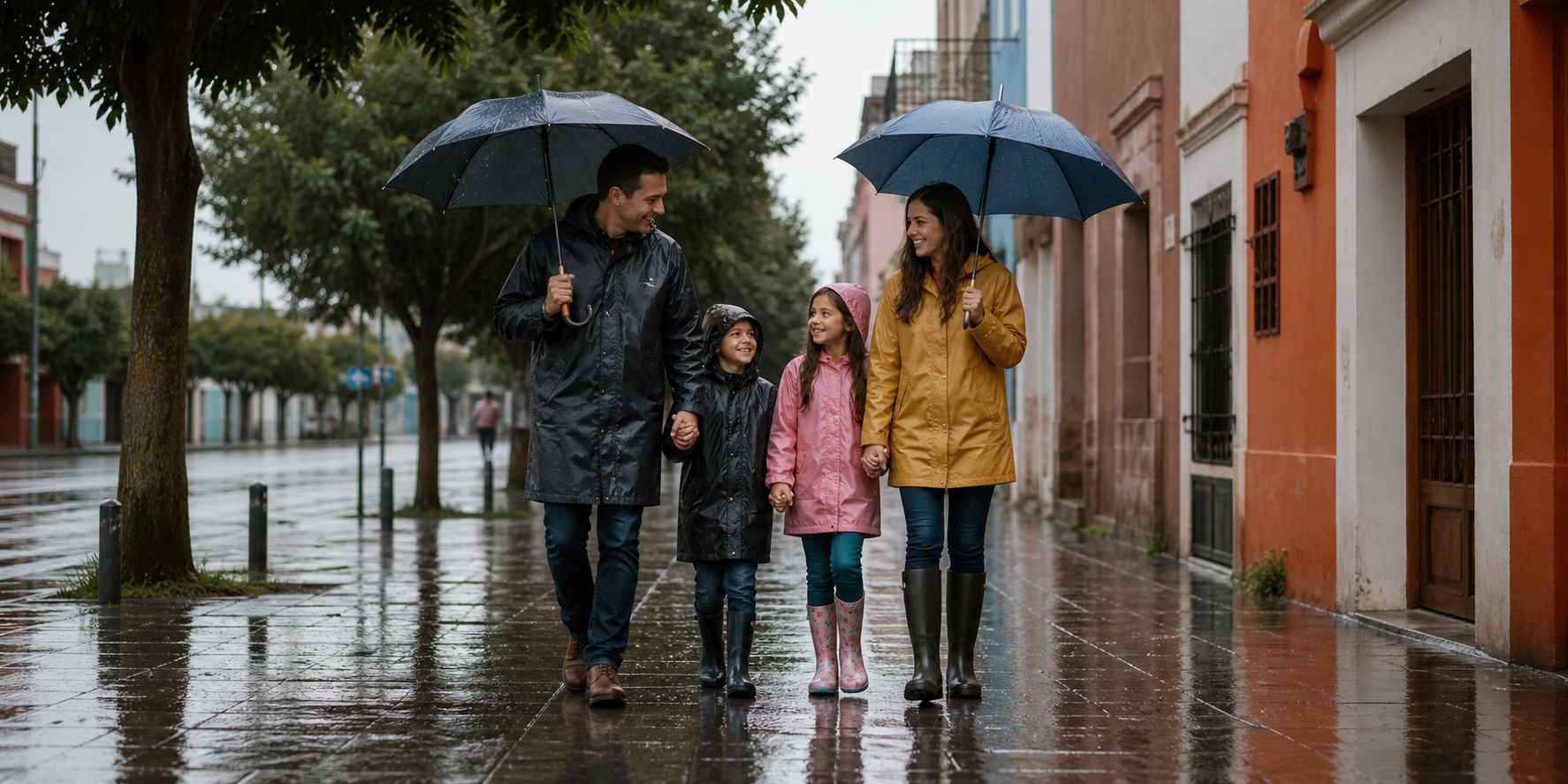 Familia Caminando en Pachuca bajo la Lluvia