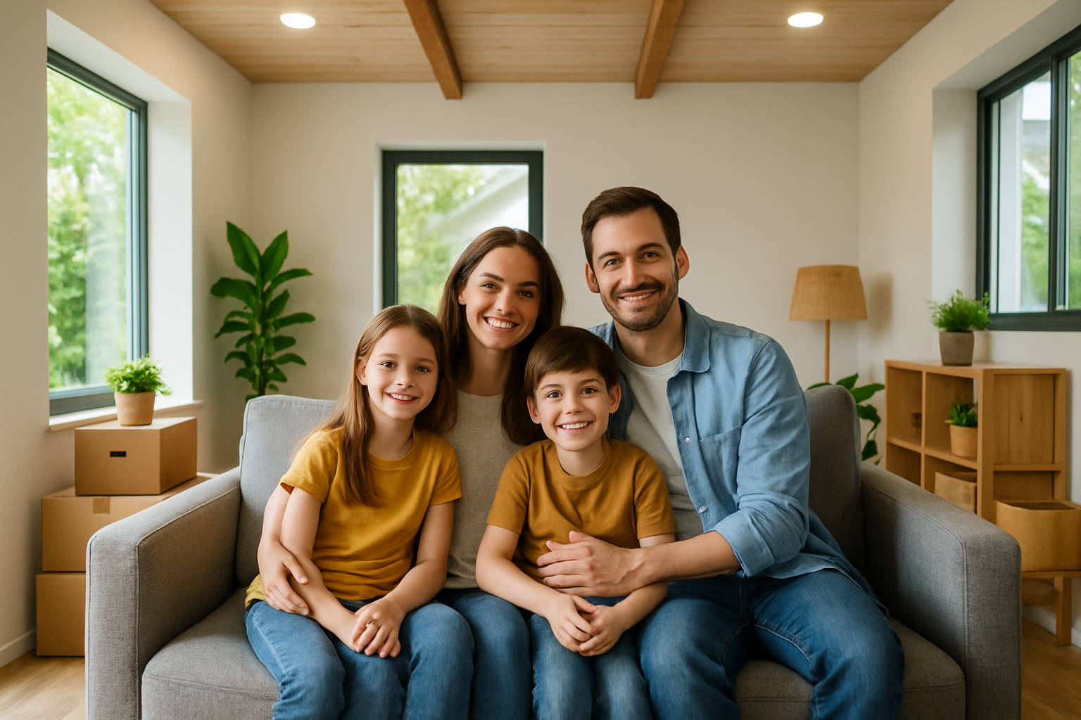 Familia feliz sentada en la sala de su nueva casa sustentable con buena iluminacin led y ventilacin-1