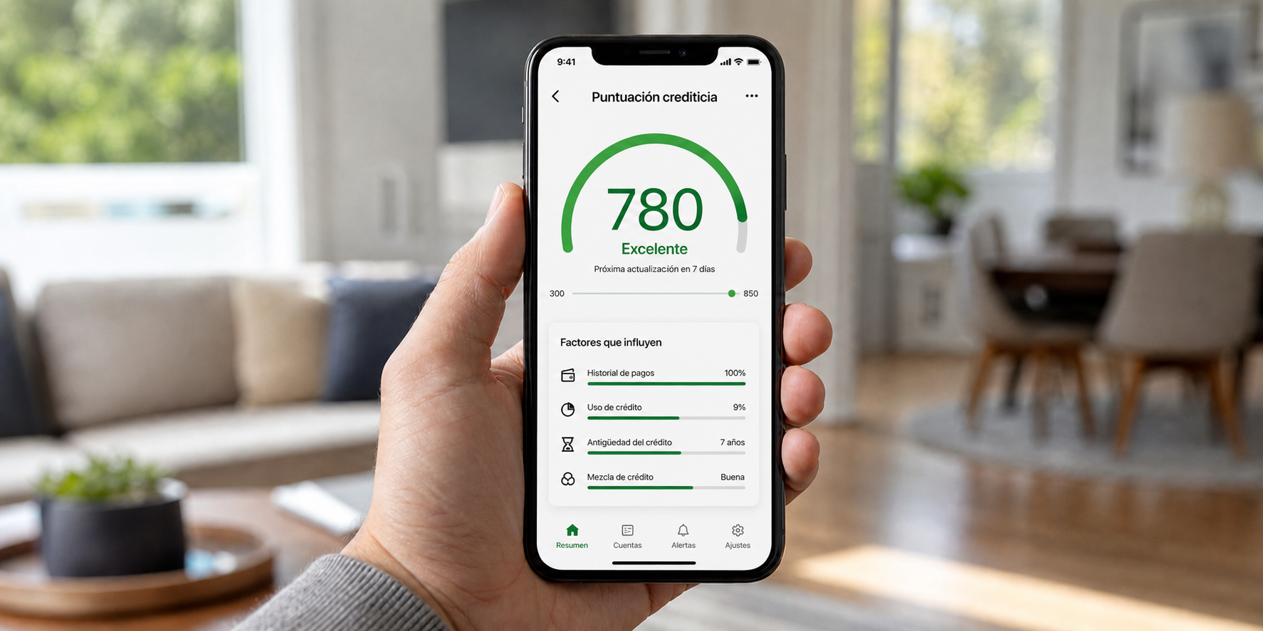 Una mano sosteniendo un teléfono celular que muestra una aplicación financiera con un score crediticio bueno.