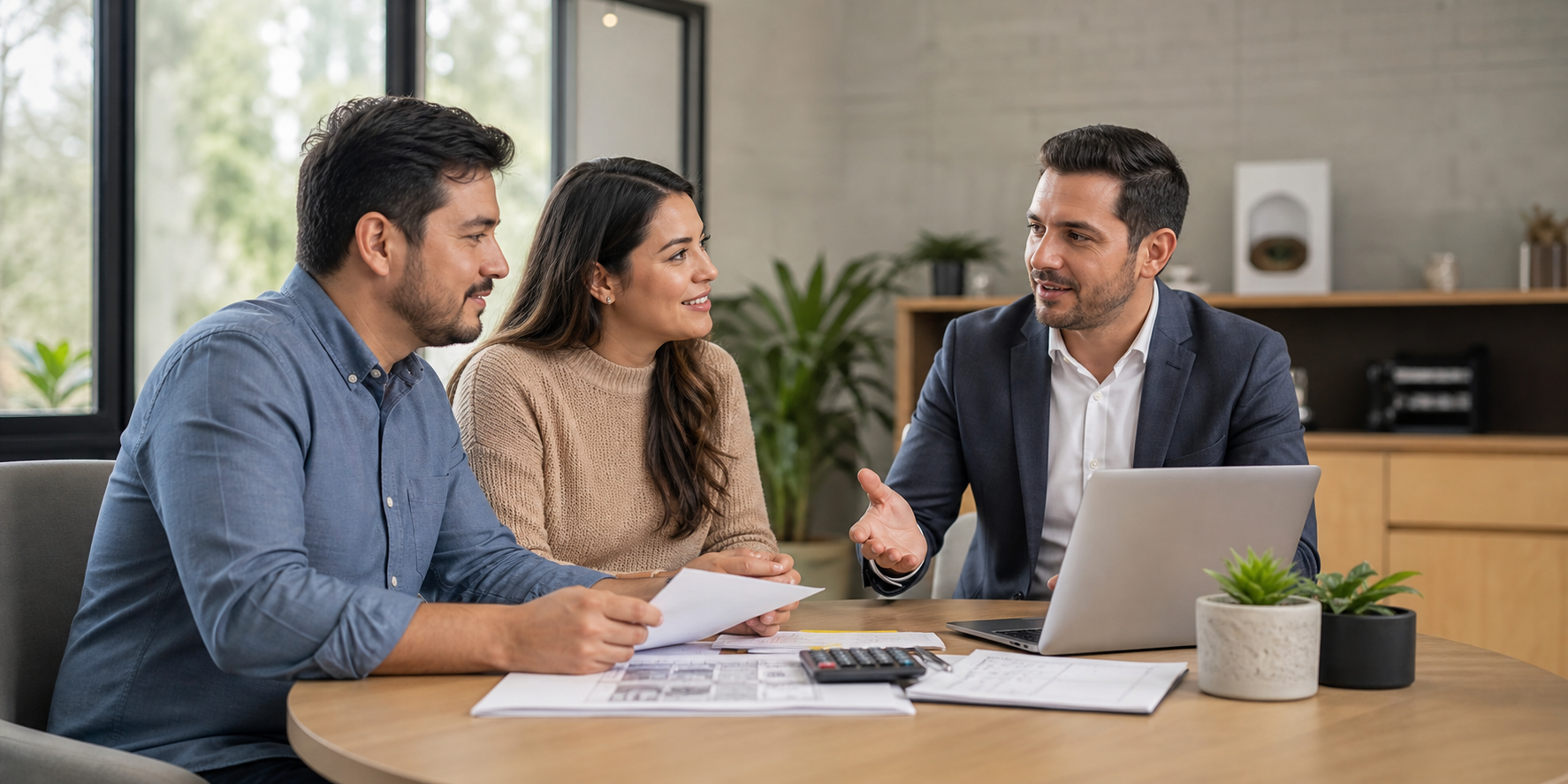 Dos hermanos reunidos con un asesor hipotecario en una oficina inmobiliaria moderna, conversando sobre cuánto podrían obtener mediante un crédito hipotecario Infonavit. 