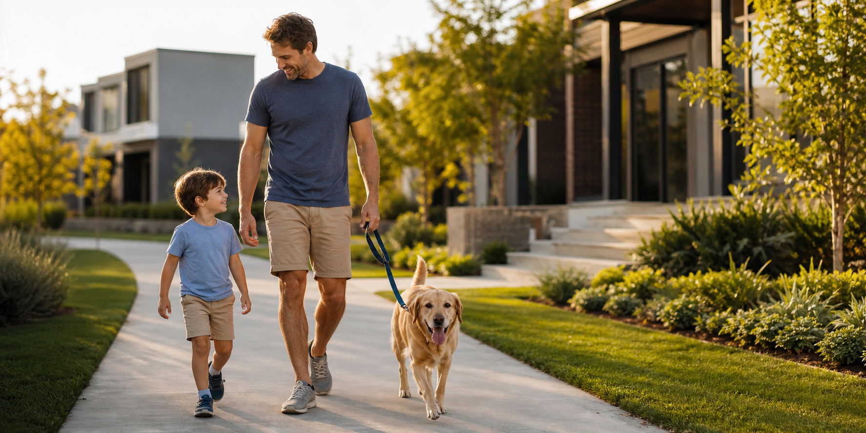 Un papá y su hijo pequeño caminando tranquilamente junto a su perro en amplias áreas verdes de un moderno desarrollo residencial de casas.