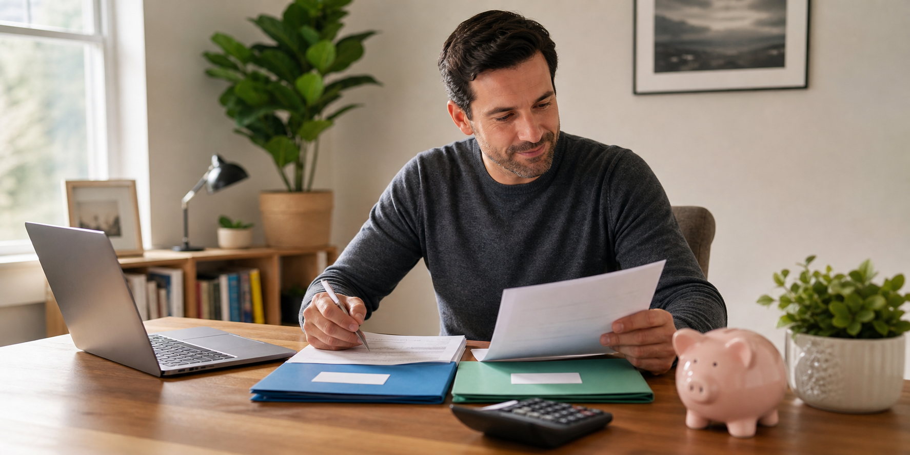 Hombre adulto sentado en un escritorio de su hogar, analizando documentos financieros de precalificación y preaprobación para comprar una casa.