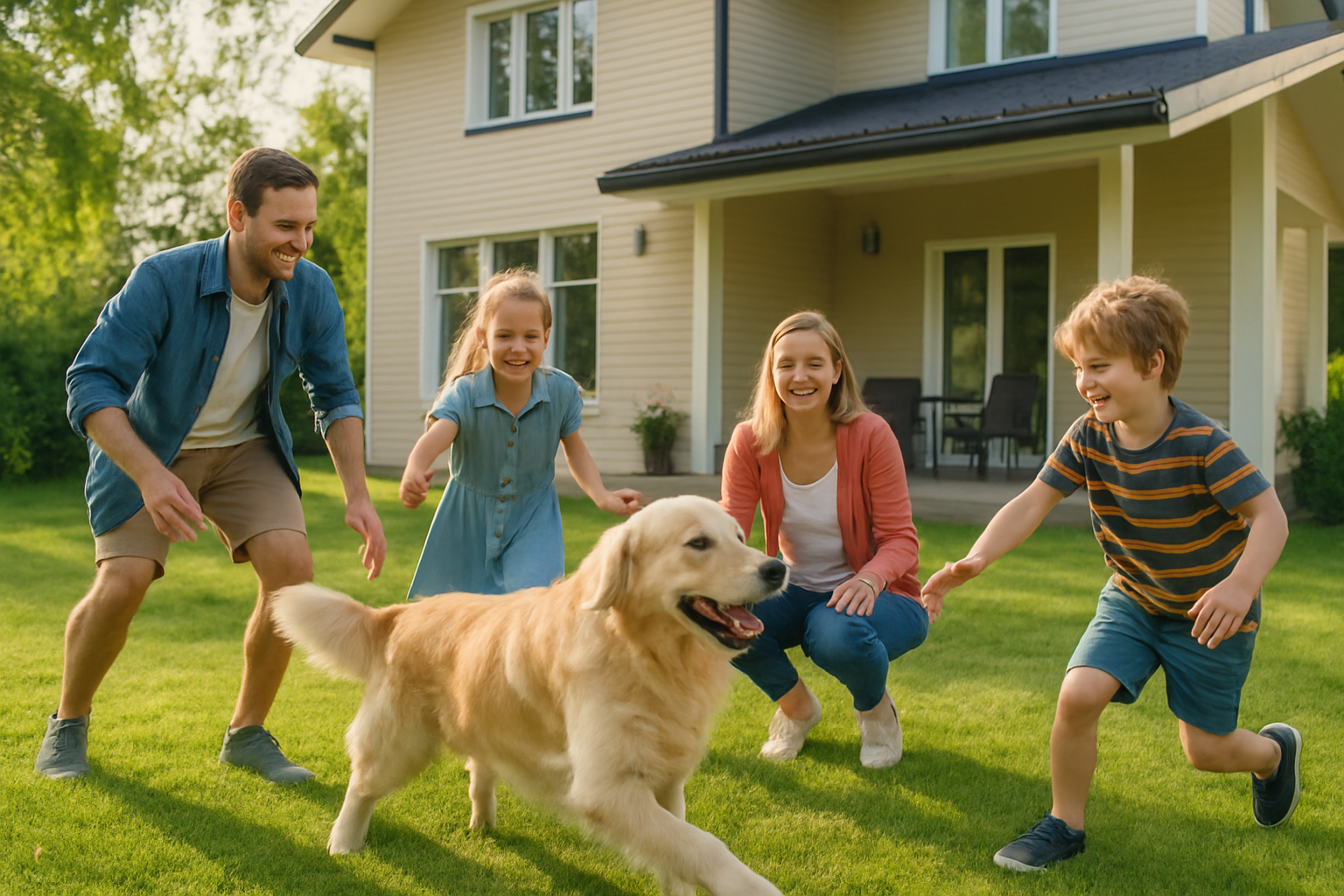 Imagen de una casa donde se ve a una familia jugando con un perro en el patio