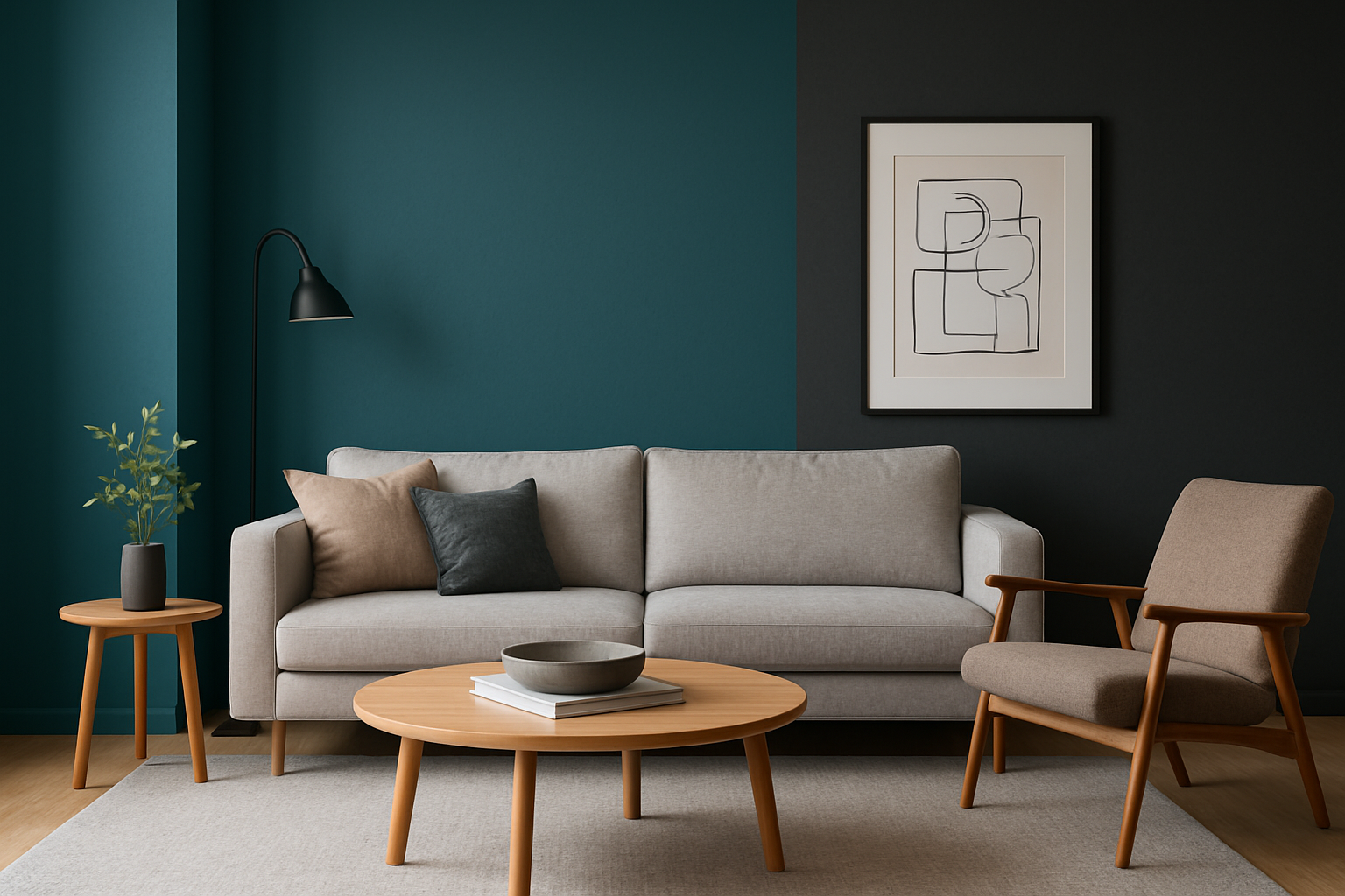 Imagen de una sala con una pared en tono azul petroleo y otra pared en gris carbn