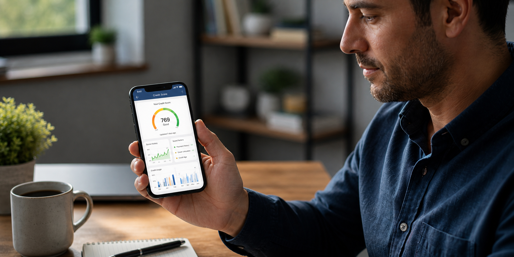 Un hombre observando atentamente la pantalla de su teléfono inteligente. En el celular se muestra una aplicación financiera con un resumen de su historial crediticio.