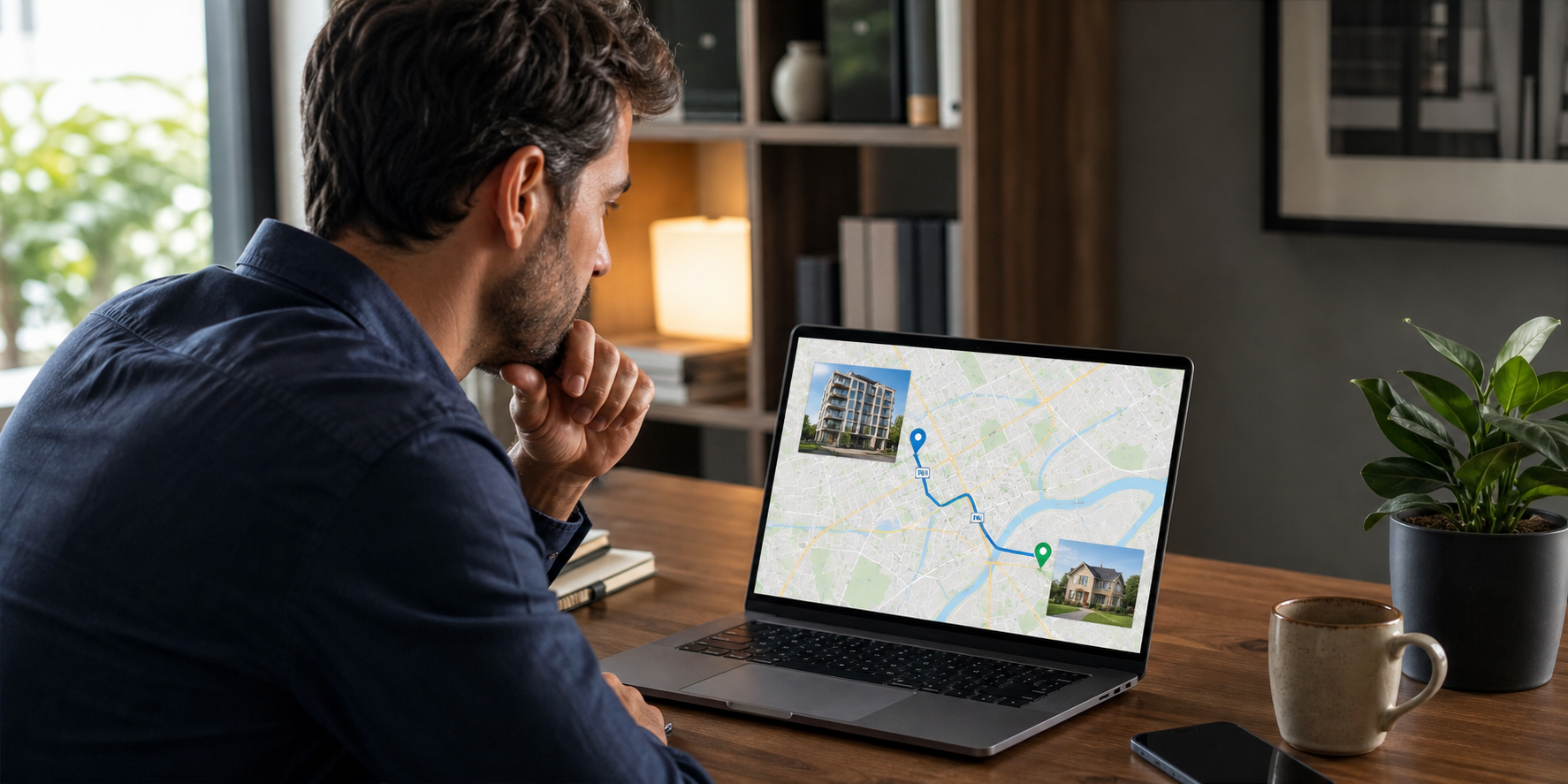 Hombre analizando en Google Maps dos opciones inmobiliarias: un departamento dentro de una zona céntrica de la ciudad y una casa en las afueras.