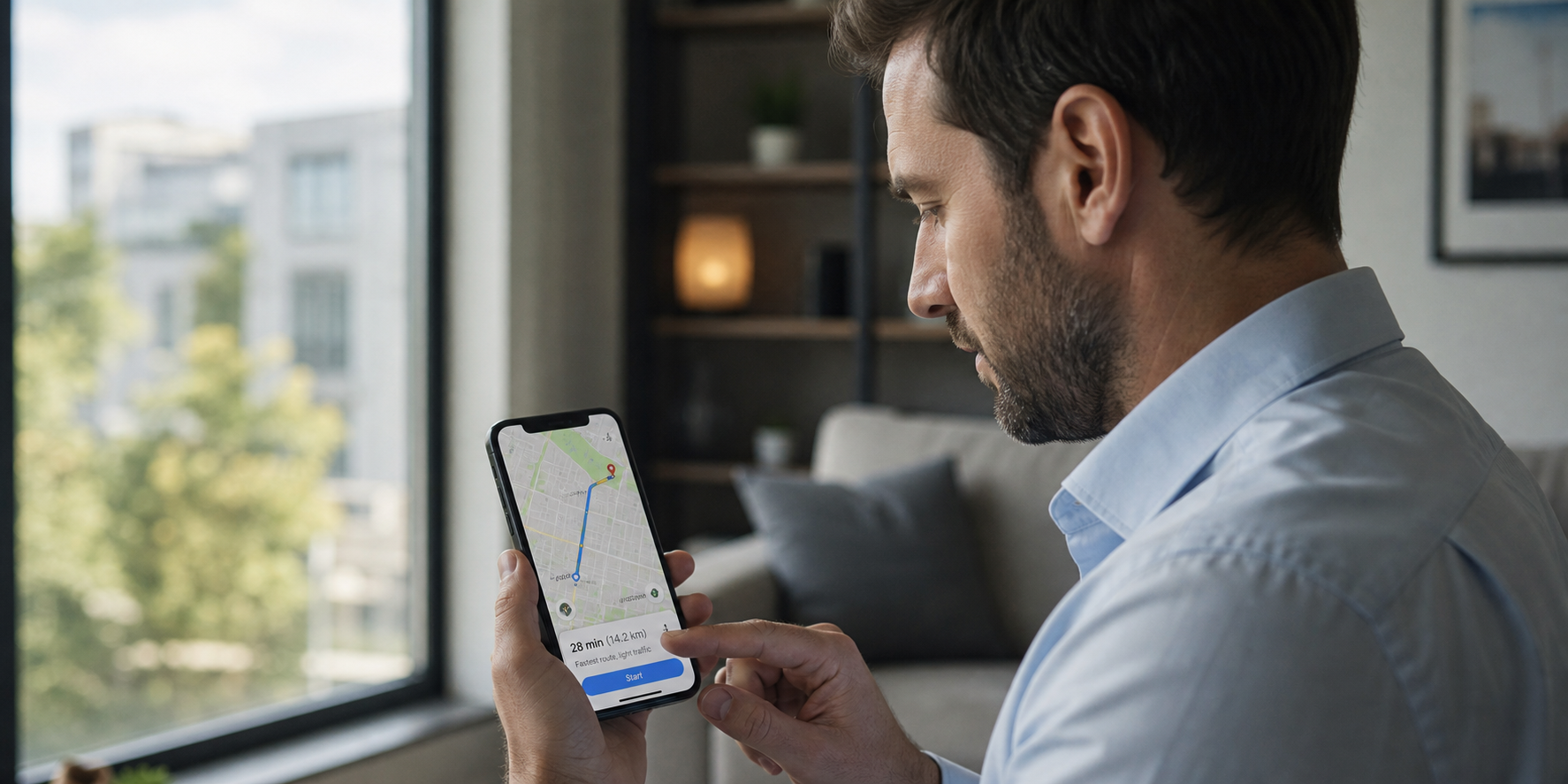 Hombre adulto en su casa revisando en su teléfono celular una aplicación de mapas para calcular el tiempo de traslado entre su hogar y su lugar de trabajo.Man Checking Commute Map On Smartphone