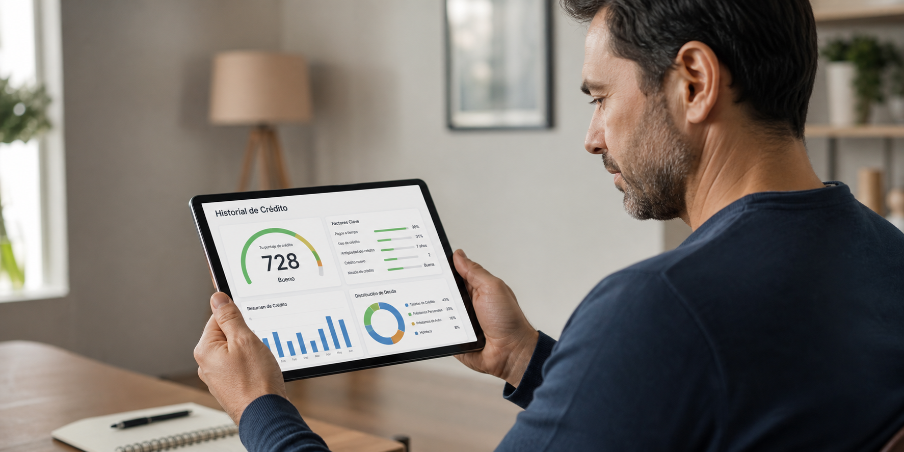 Man Checking Credit Score on Tablet in Modern Office