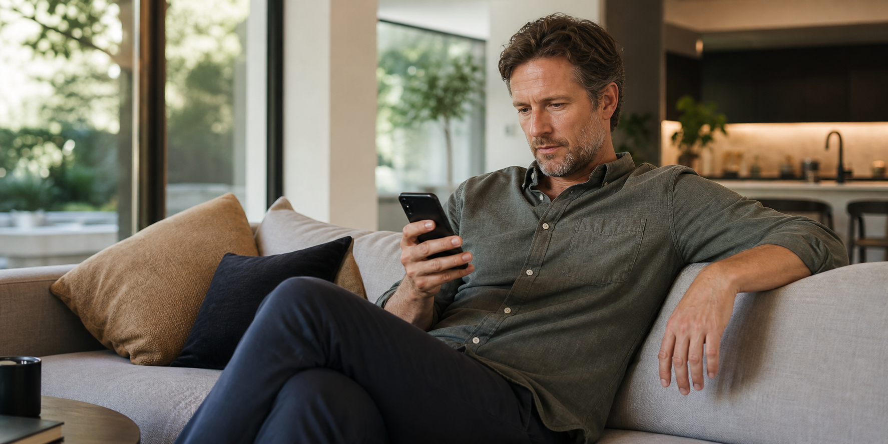 Hombre sentado en el sofá de una vivienda moderna, revisando su correo electrónico en su teléfono celular.