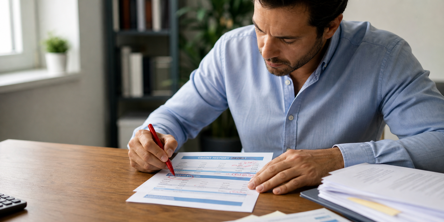 Man Marking Credit History Errors with Red Circles and Notes-1