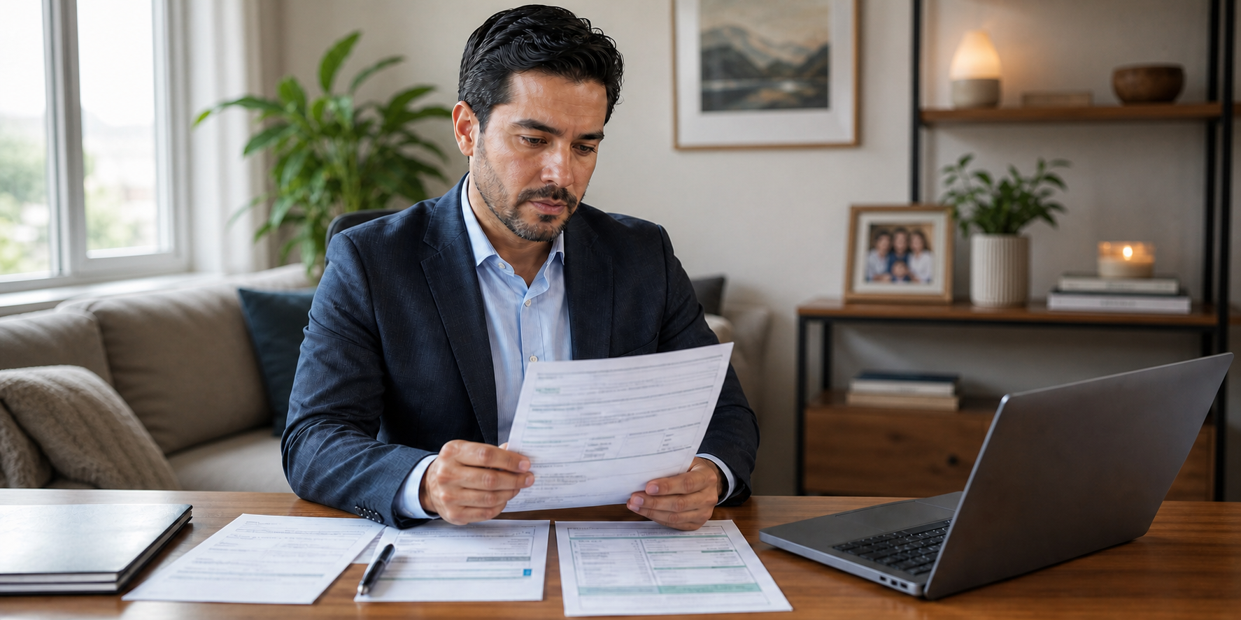 Man Reviewing Documents on Modern Office Desk at Home