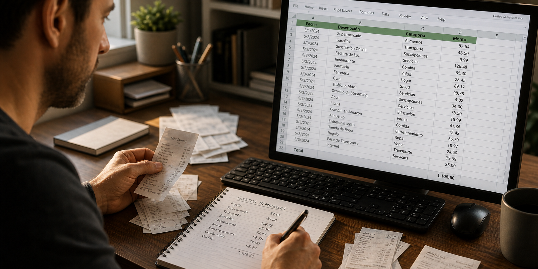 Hombre sentado frente a su computadora, anotando cuidadosamente en una hoja de Excel sus gastos semanales.
