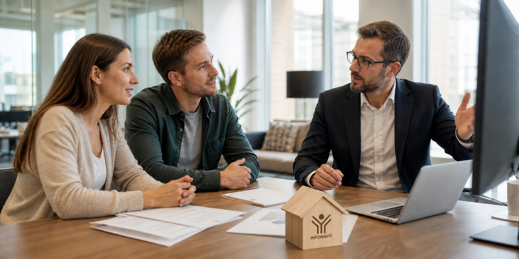 Una pareja joven reunida con un asesor hipotecario profesional en una oficina moderna, conversando sobre la posibilidad de obtener otro crédito Infonavit.