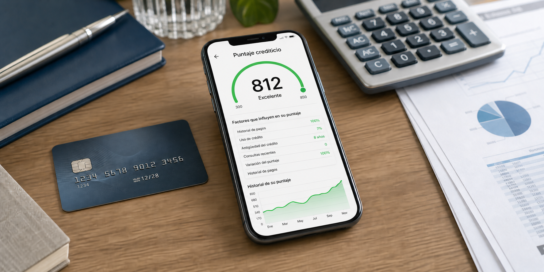Un teléfono celular moderno colocado sobre una mesa elegante, mostrando en su pantalla una aplicación financiera con un excelente score crediticio.