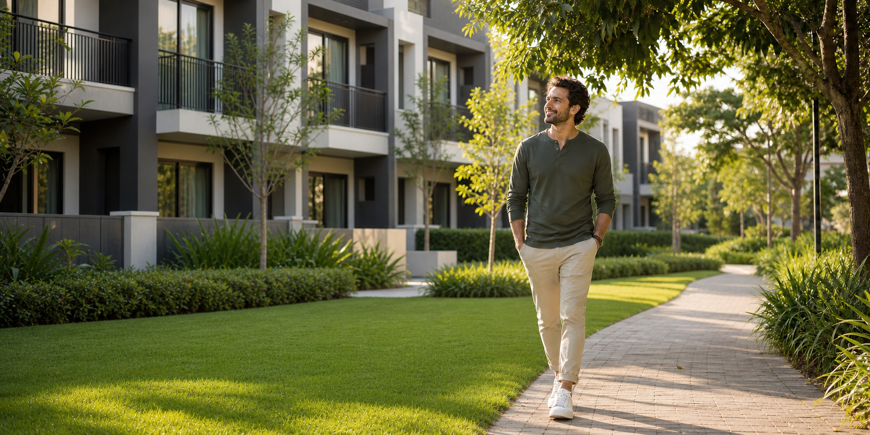 Un hombre adulto disfrutando tranquilamente de las áreas verdes de un desarrollo residencial moderno de casas.