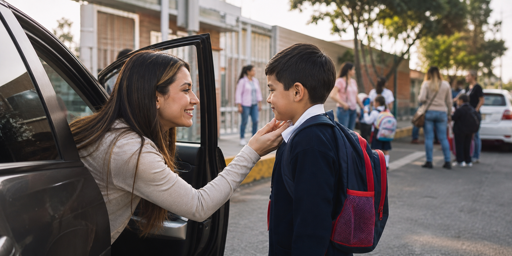 Mamá mexicana dejando a su hijo en la escuela desde su automóvil, frente a la entrada de una escuela en Coacalco, Estado de México.
