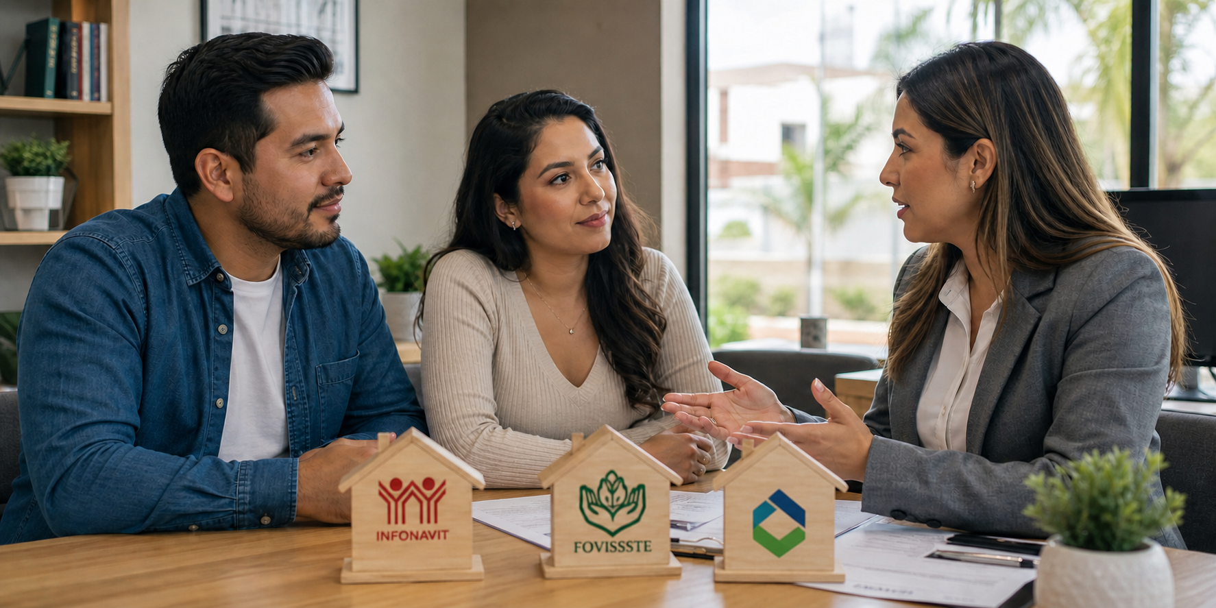 Pareja mexicana hablando con un asesor inmobiliario sobre opciones de crédito para comprar una vivienda.