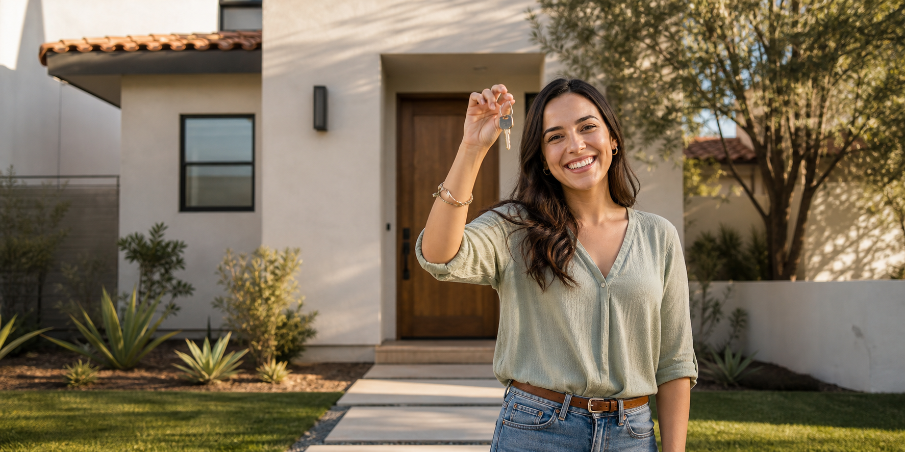 Mujer de aproximadamente 25 años, sonriente y emocionada por haber comprado su primera casa, sosteniendo las llaves de su nuevo hogar.