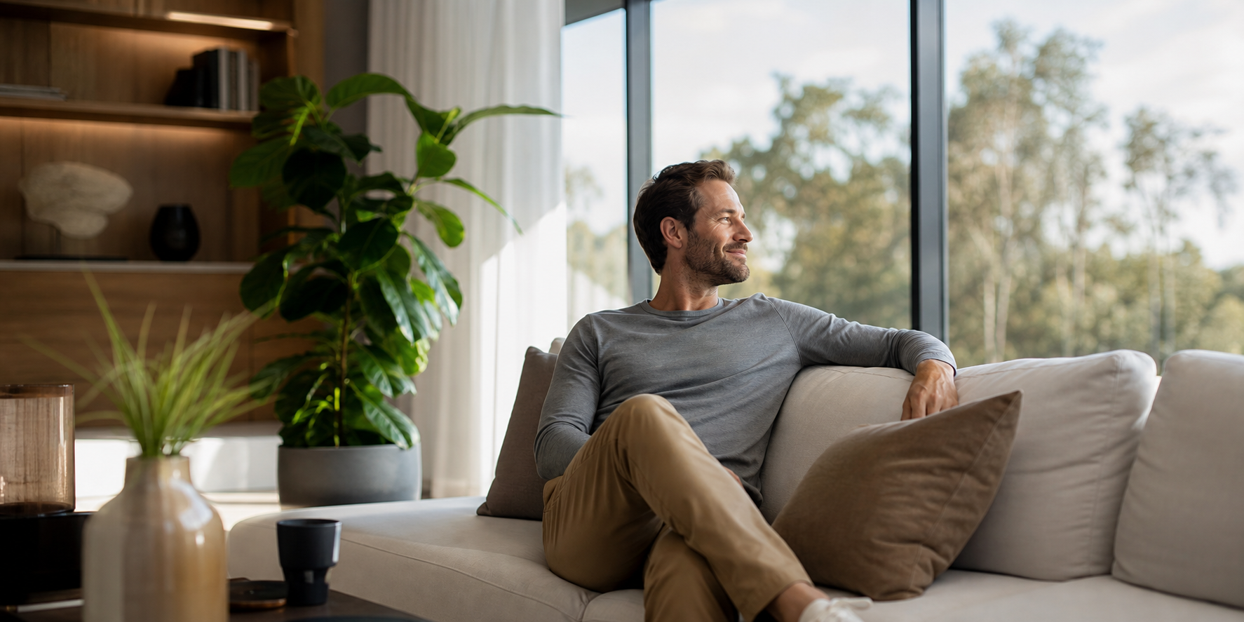 Un hombre adulto relajado y sin preocupaciones disfrutando de un momento de tranquilidad en la sala de su casa.