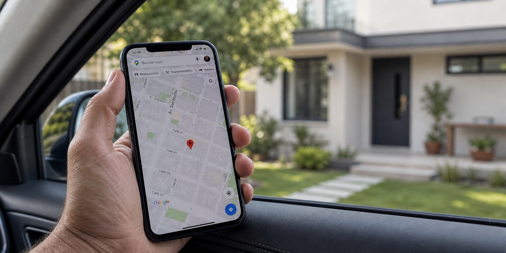 Mano sosteniendo un teléfono inteligente mientras consulta en Google Maps la ubicación de su futura casa.