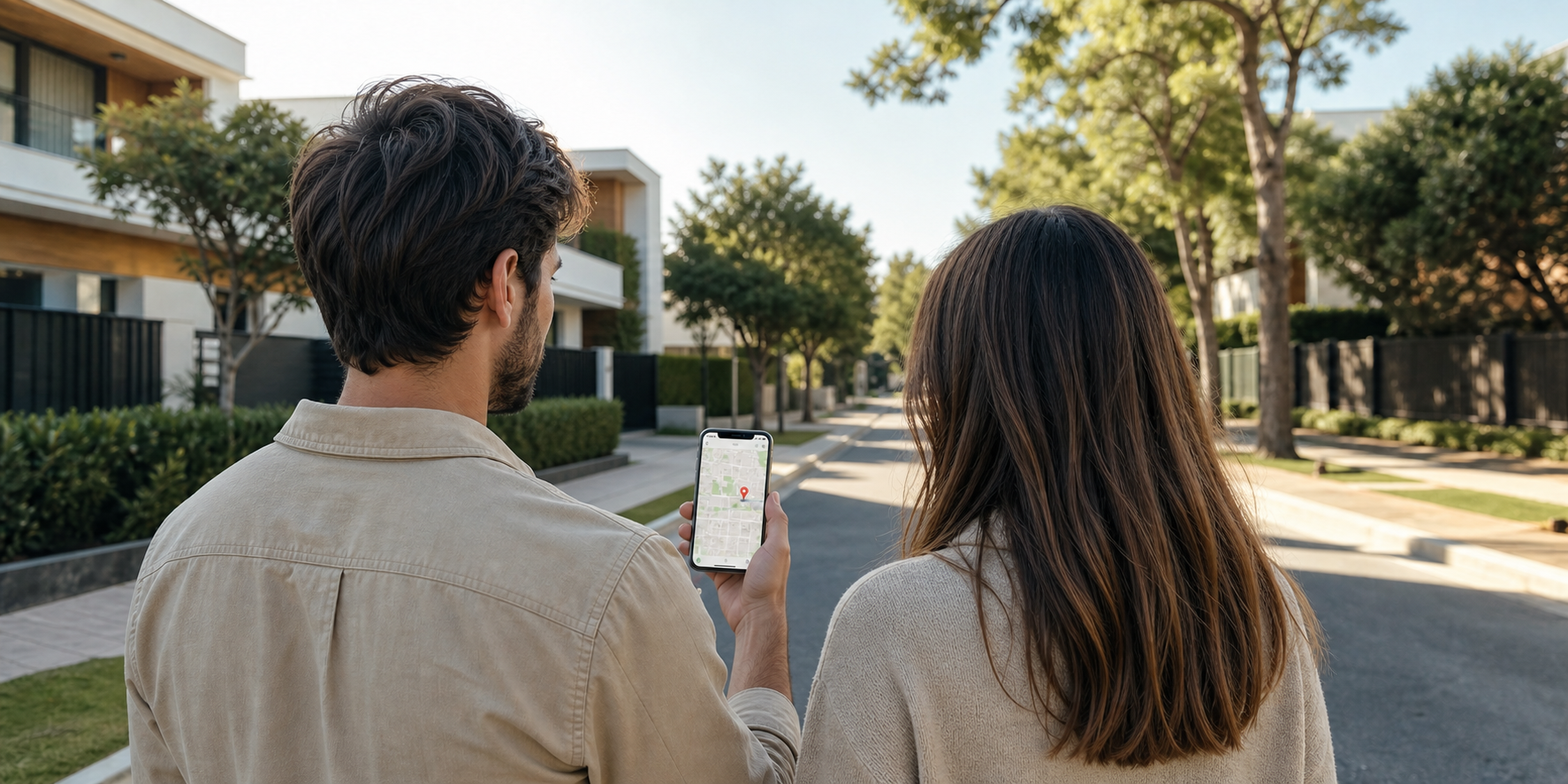 Pareja que está considerando comprar su primera casa, visitando la zona residencial donde se encuentra la propiedad que les interesa.