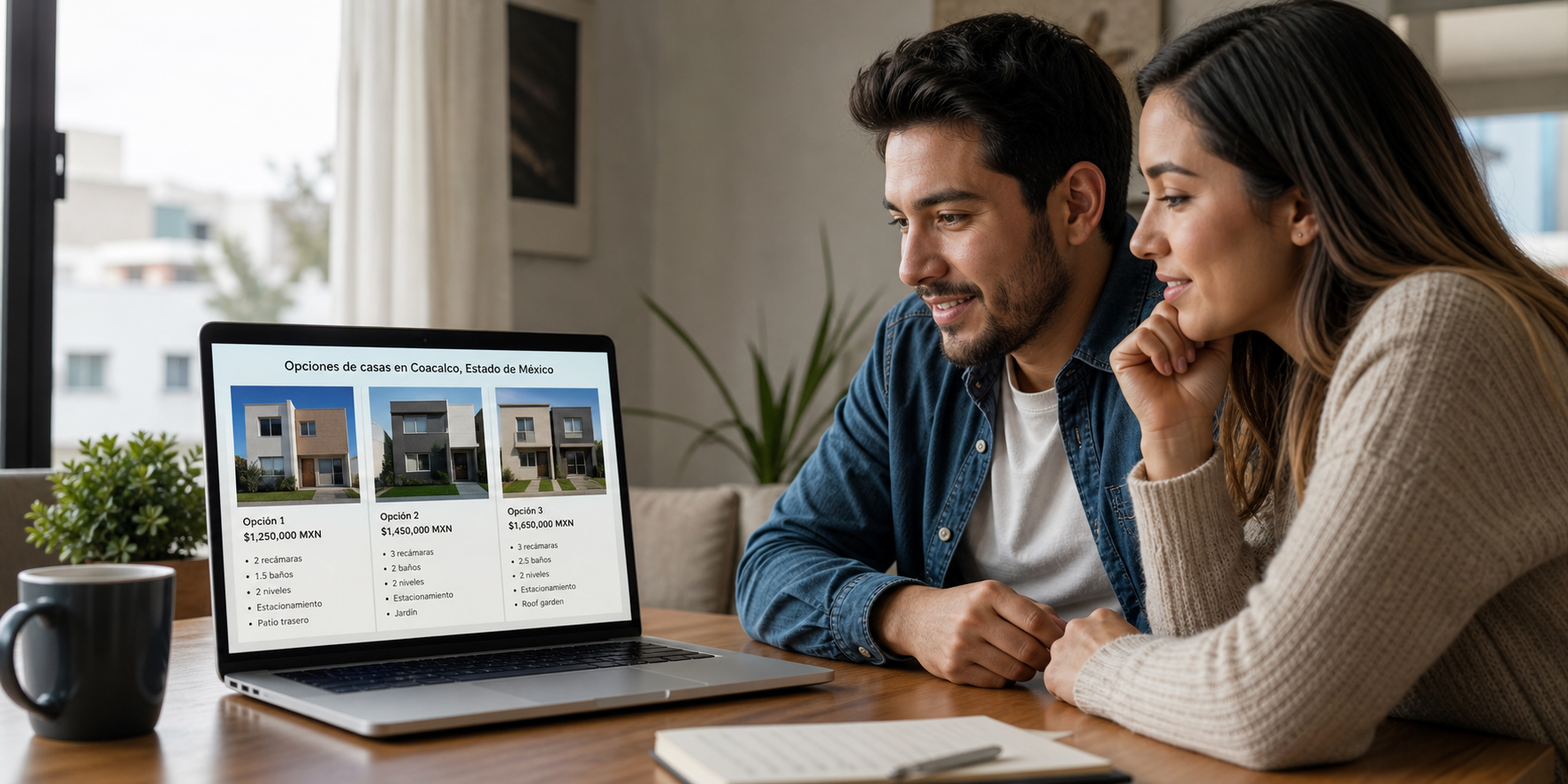 Pareja joven sentada frente a una computadora portátil en la mesa de su hogar, comparando tres opciones de vivienda en Coacalco, Estado de México.