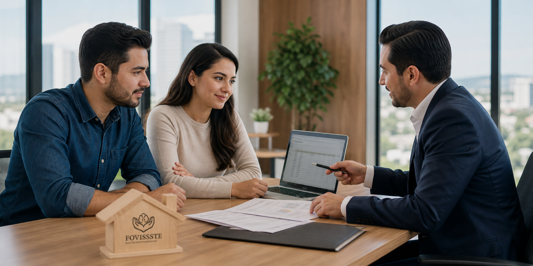 Una pareja joven sentados frente a un asesor hipotecario, conversando sobre las opciones de un crédito FOVISSSTE para comprar una vivienda. Young Mexican Couple Discussing Housing Loan with Financial Advisor-1