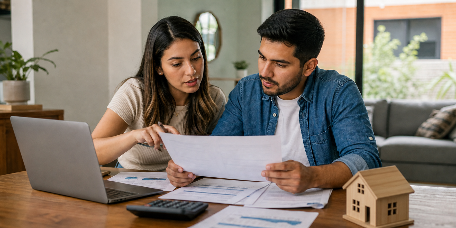 Pareja revisa cuidadosamente varios documentos financieros, comparando tasas de interés, mensualidades y condiciones de distintos créditos hipotecarios.