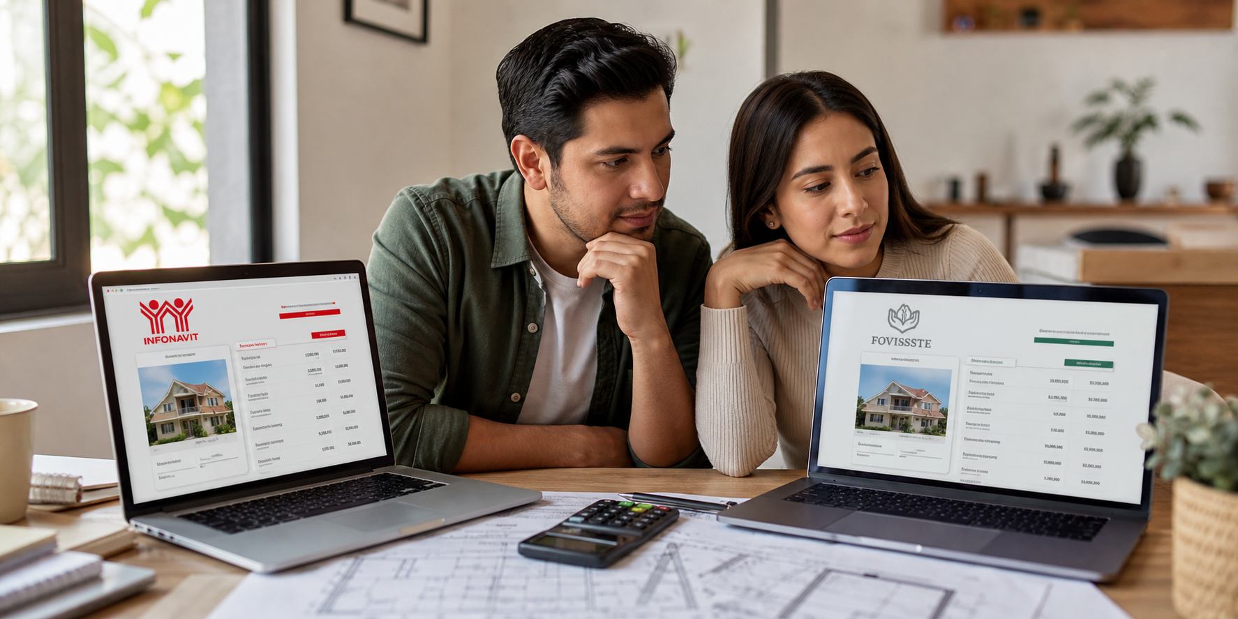 Una pareja mexicana joven, sentada en una mesa dentro de su hogar, comparando opciones de crédito hipotecario para comprar una casa. 