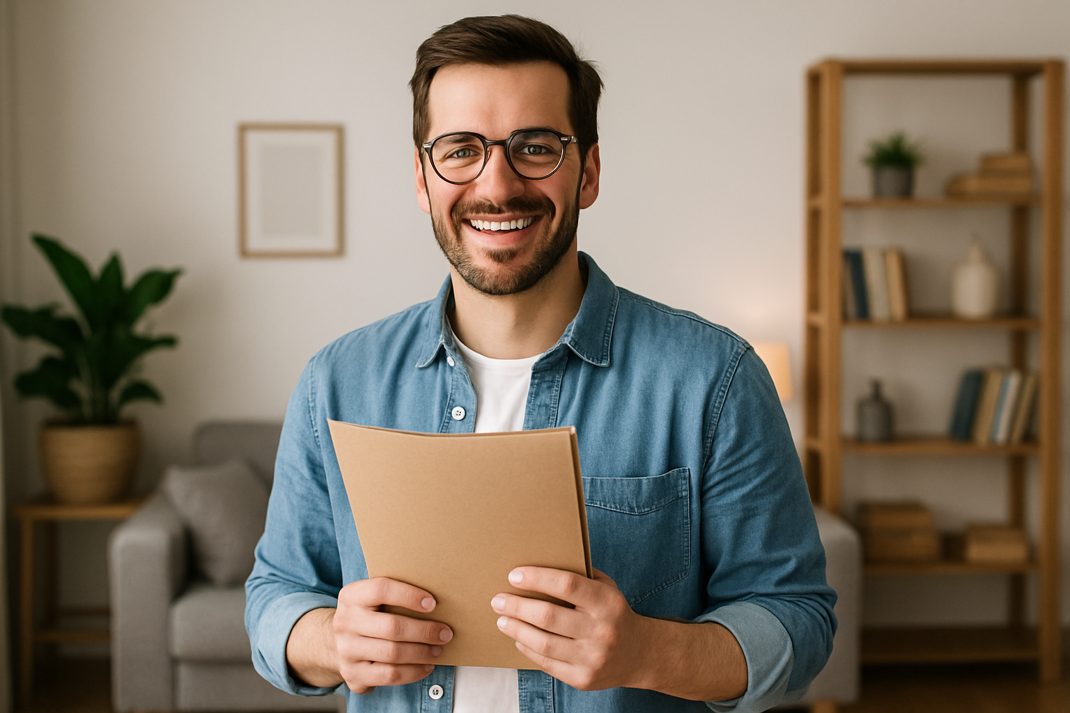 hombre feliz en una sala soteniendo una carpeta documentos