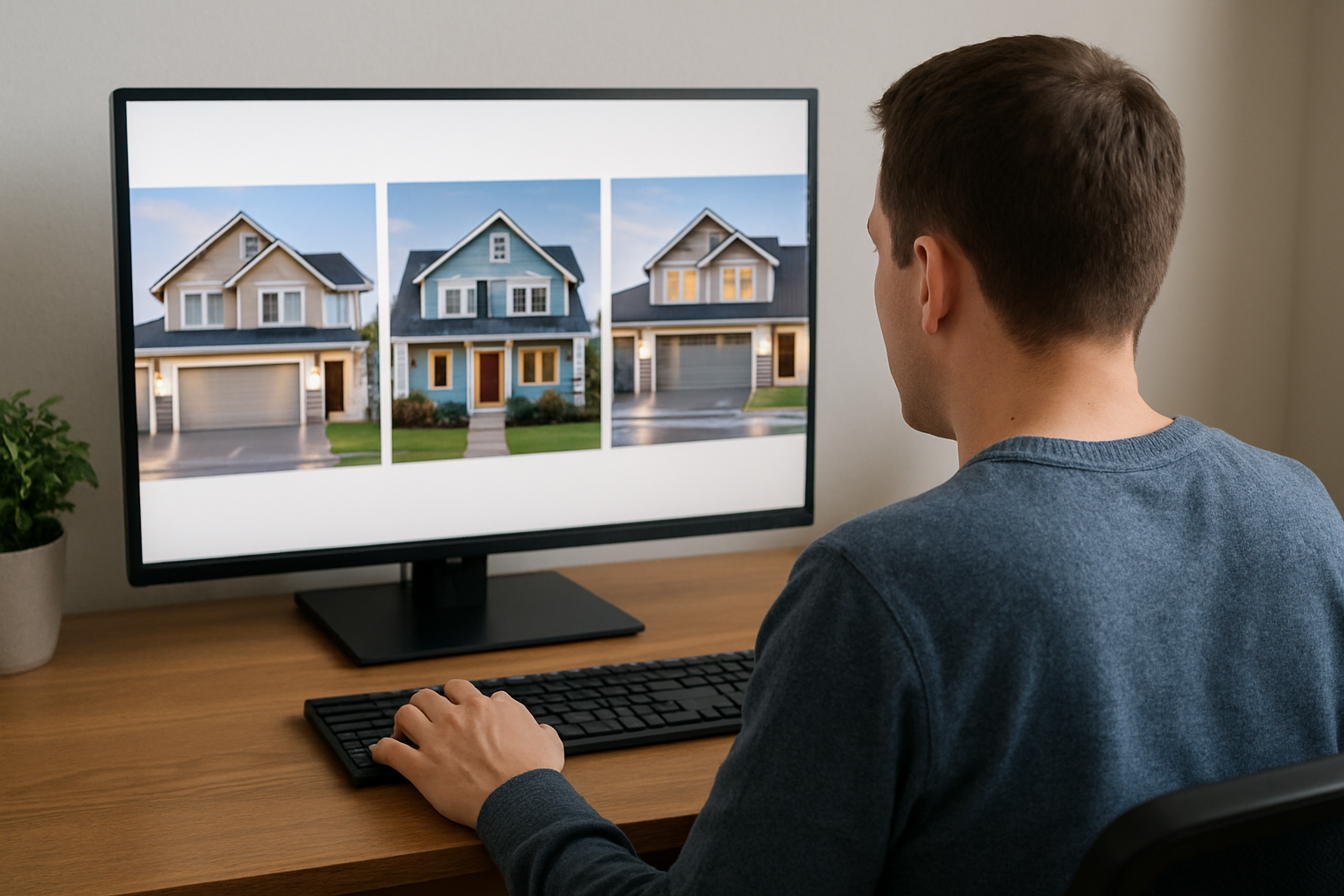 persona comparando en una computadora 3 casas que se ven en la pantalla-1