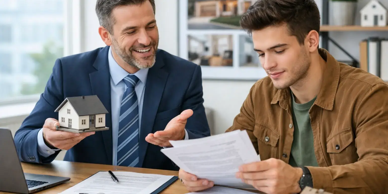 Asesor inmobiliario explicando a joven revisando documentos y los tipos de credito hipotecario