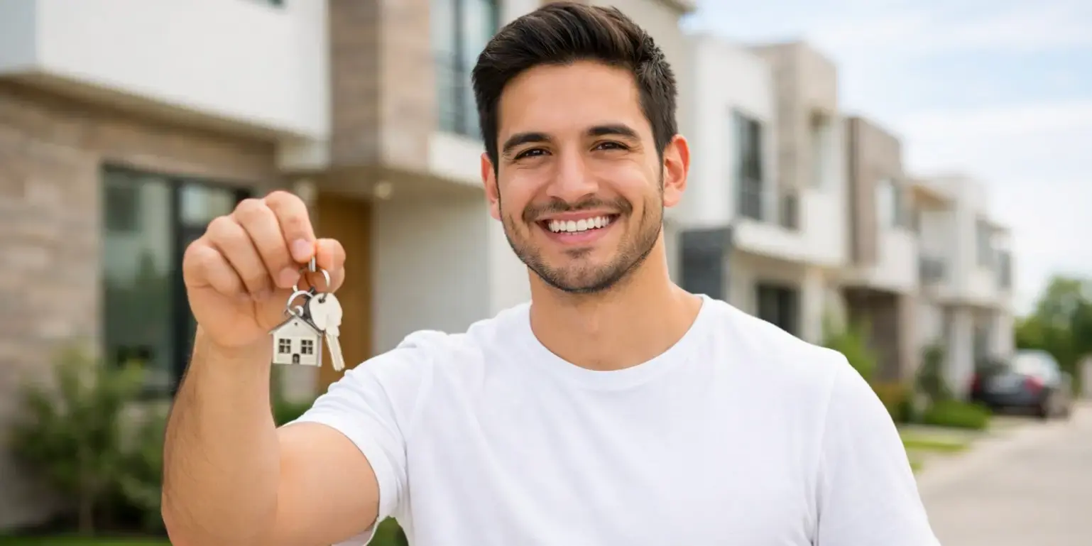 Joven sonriente sosteniendo llaves de su casa en un desarrollo residencial
