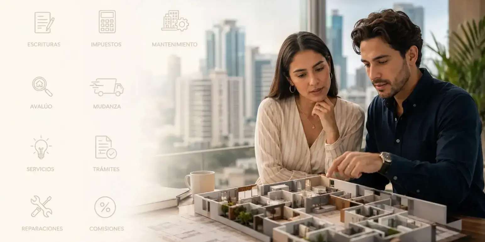 Pareja joven analiza una maqueta de departamento nuevo con íconos de costos ocultos como escrituras, impuestos, avalúo, mudanza y mantenimiento.