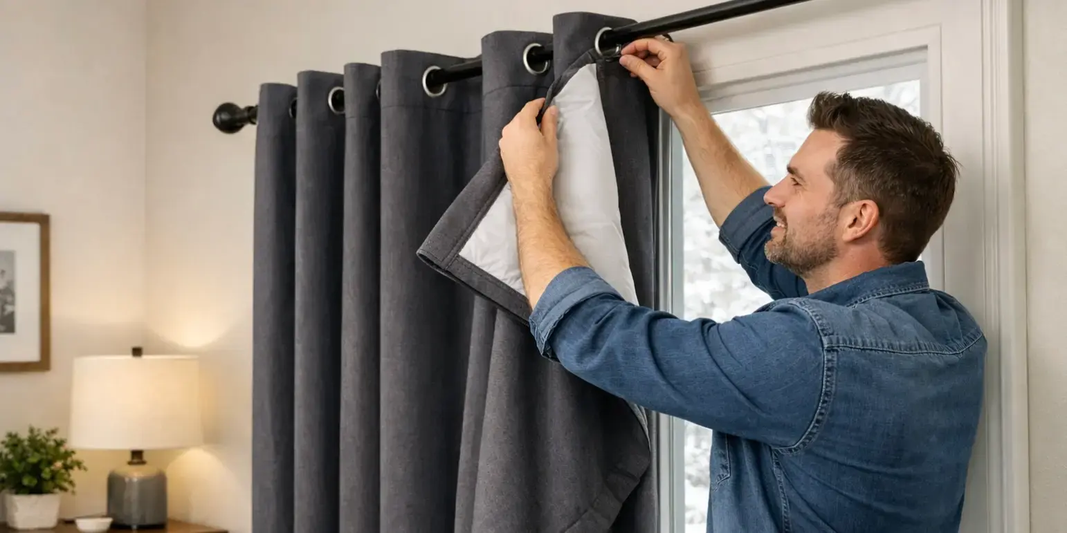 Hombre colocando cortinas térmicas en su casa