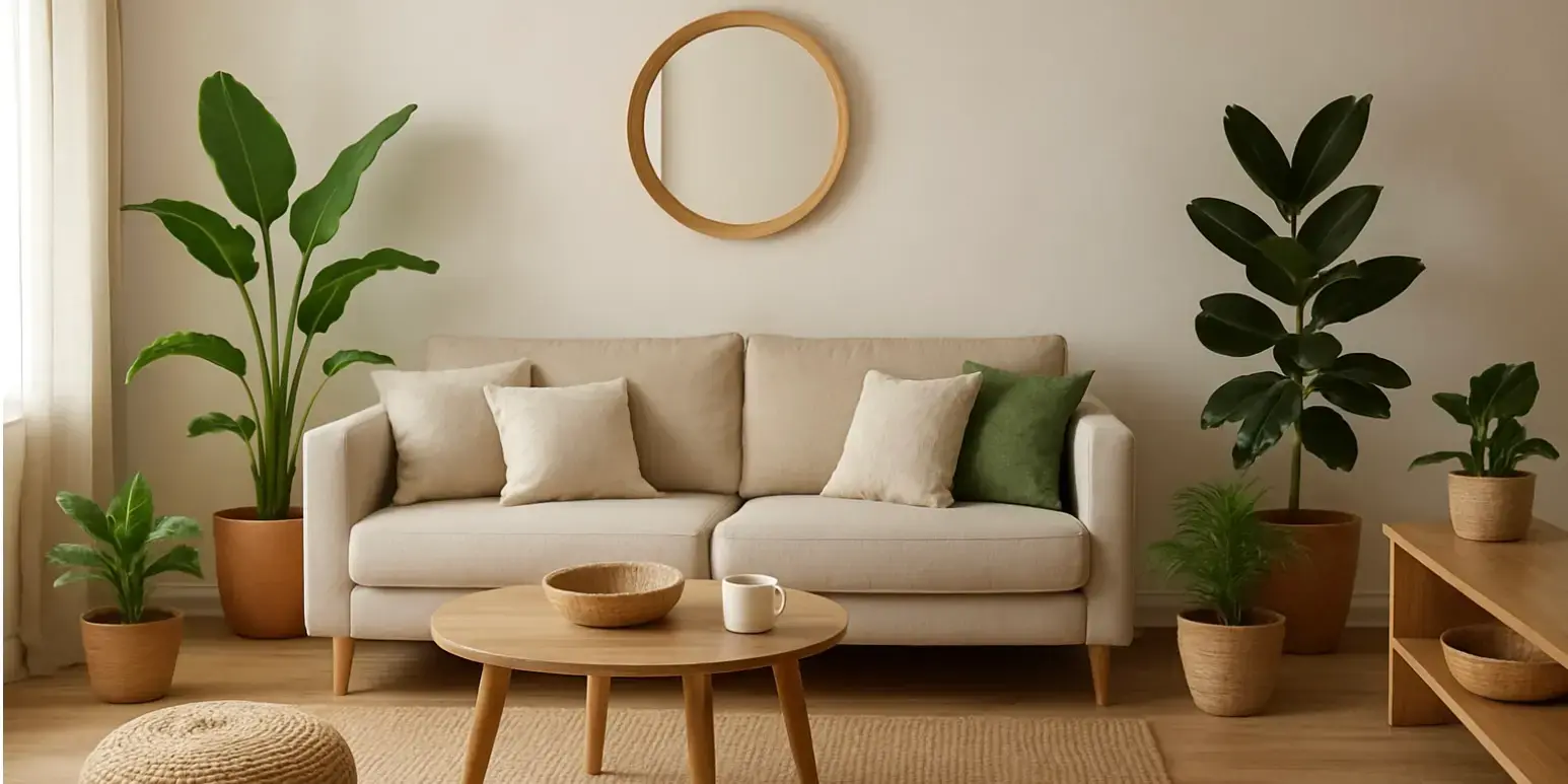 Decoracion de una sala con estilo natural con pisos de madera y macetas con plantas