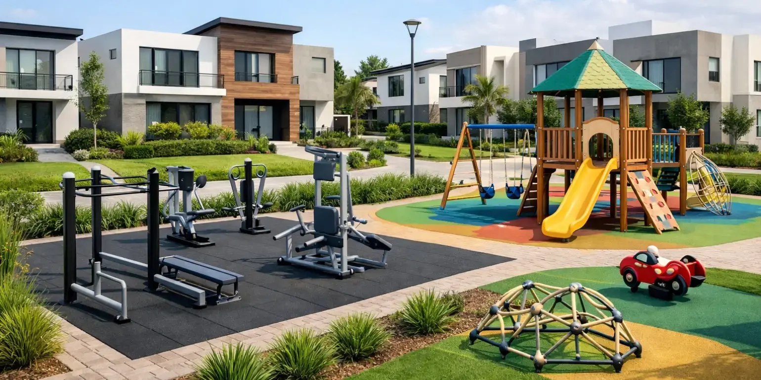 Desarrollo inmobiliario de casas con gimnasio al aire libre y juegos infantiles