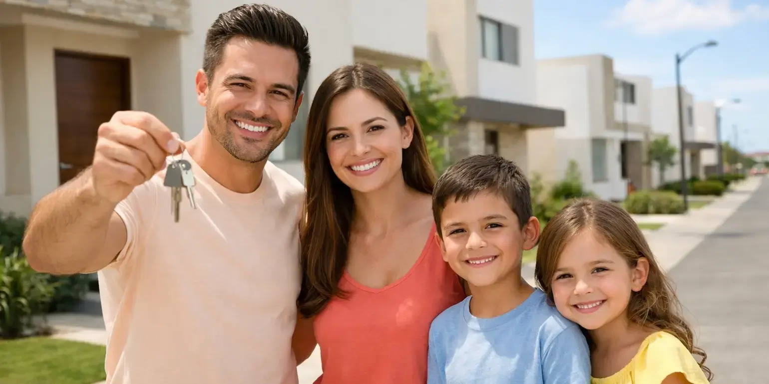 Familia sosteniendo unas llaves afuera de su casa dentro de un desarrollo residencial