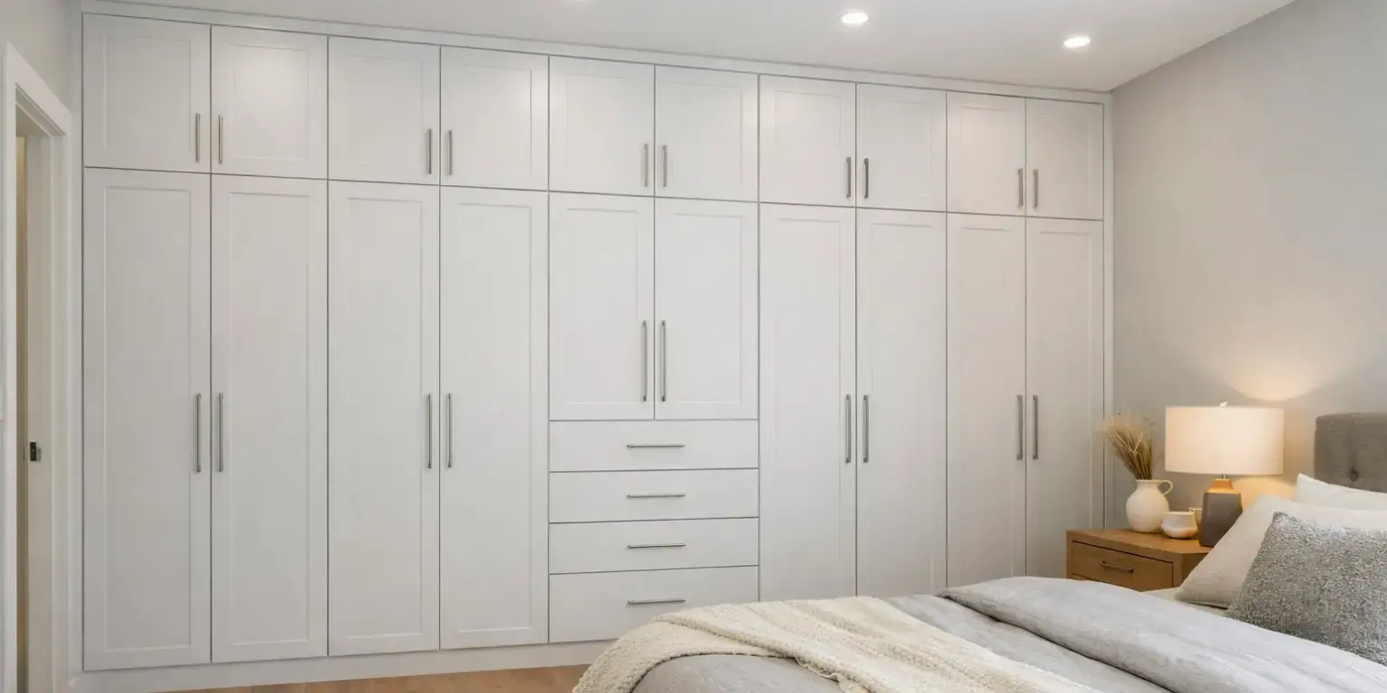 Habitación con unos closets en una pared hasta el techo
