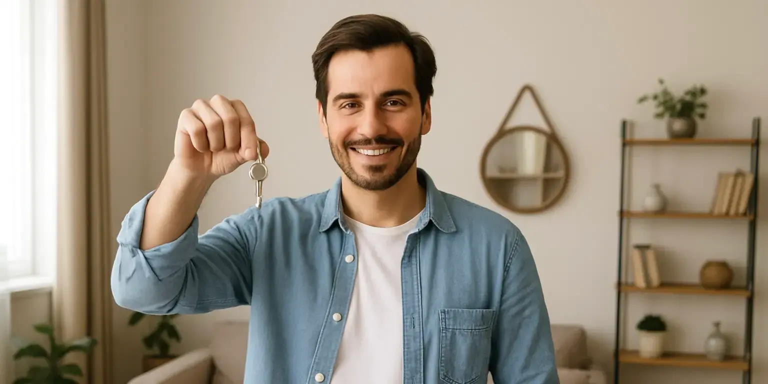 Hombre en la sala sosteniendo las llaves de su nueva casa