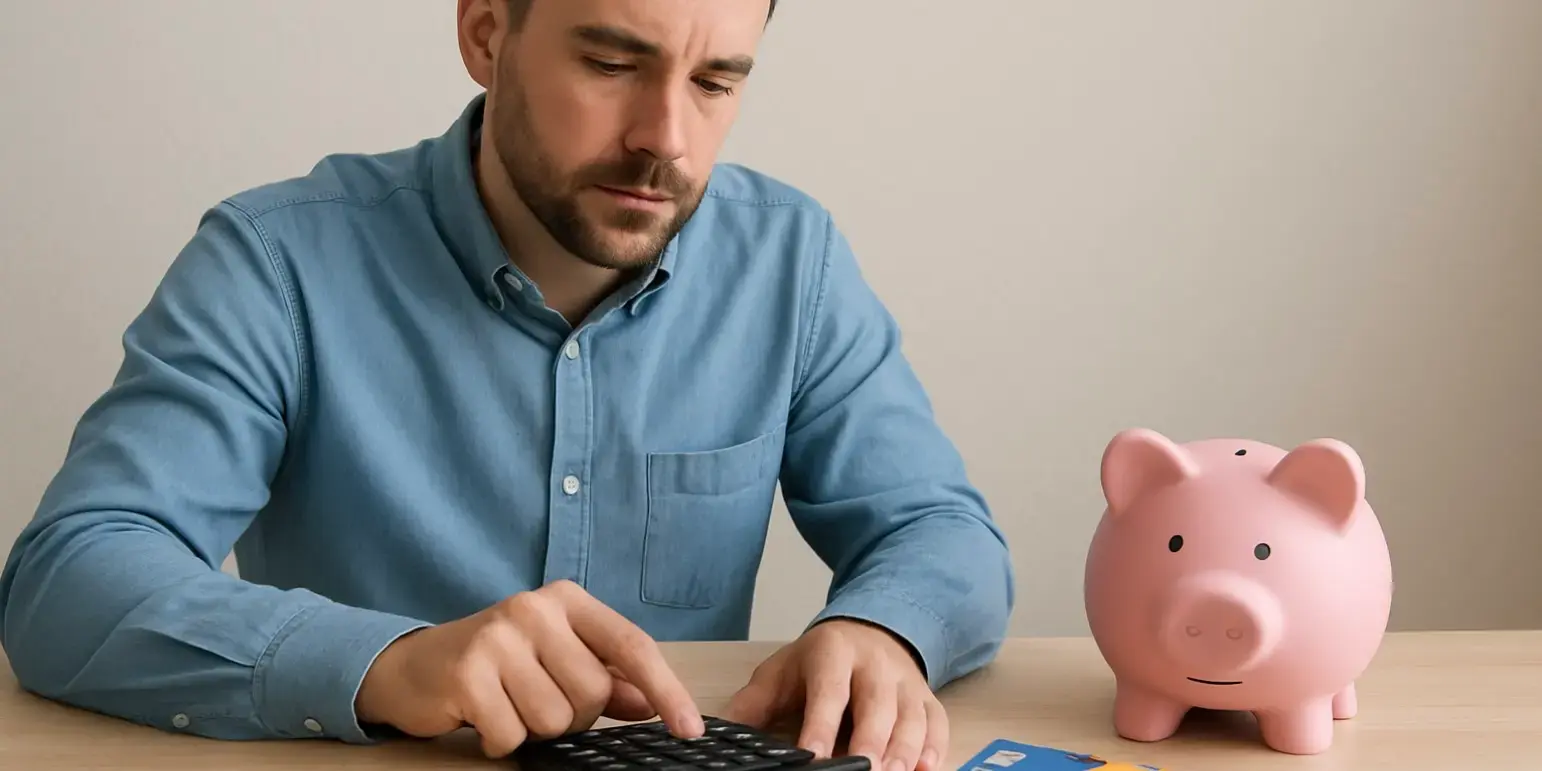 Hombre con una calculadora unas tarjetas de credito y una alcanca de puerco sobre una mesa