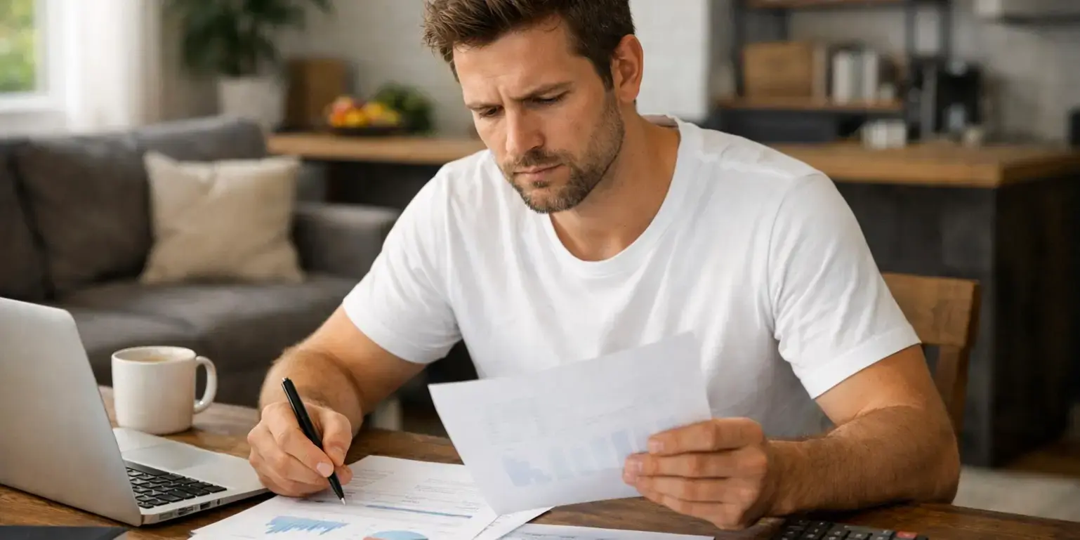 Hombre en su casa analizando documentos financiero