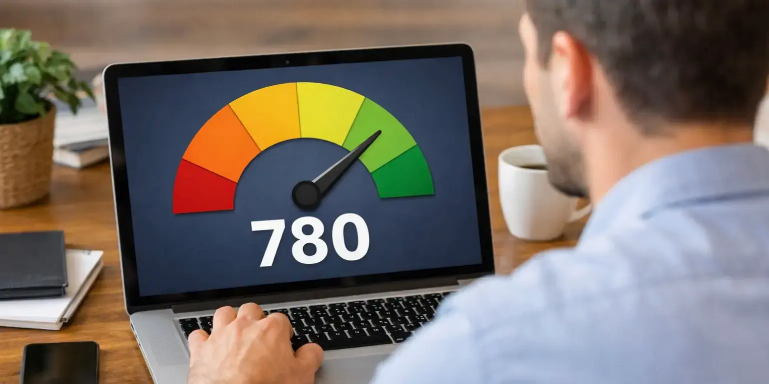 Hombre en una computadora viendo el score de su historial crediticio